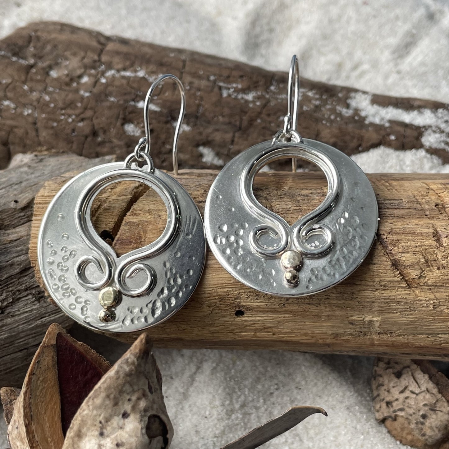 Sterling Silver and 9ct Yellow Gold Round Swirl Hook Earrings