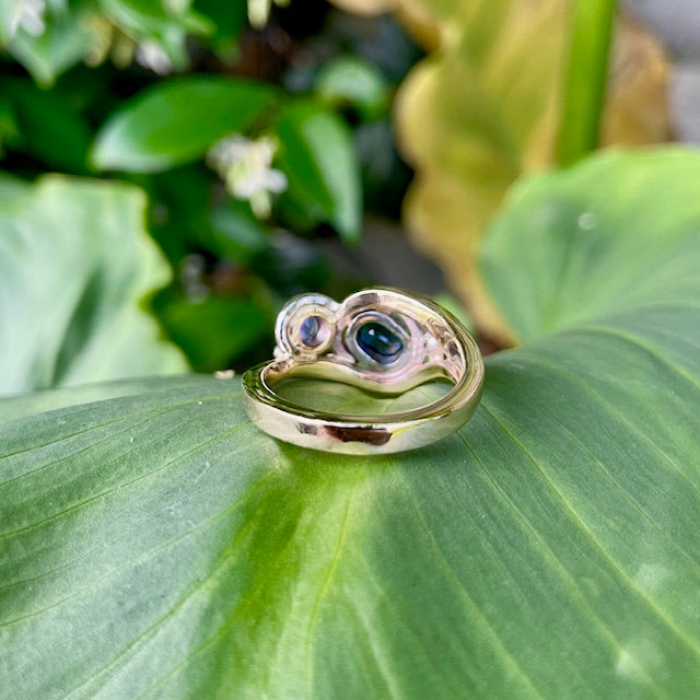 9ct Yellow and White gold, Blue Sapphire swirl ring