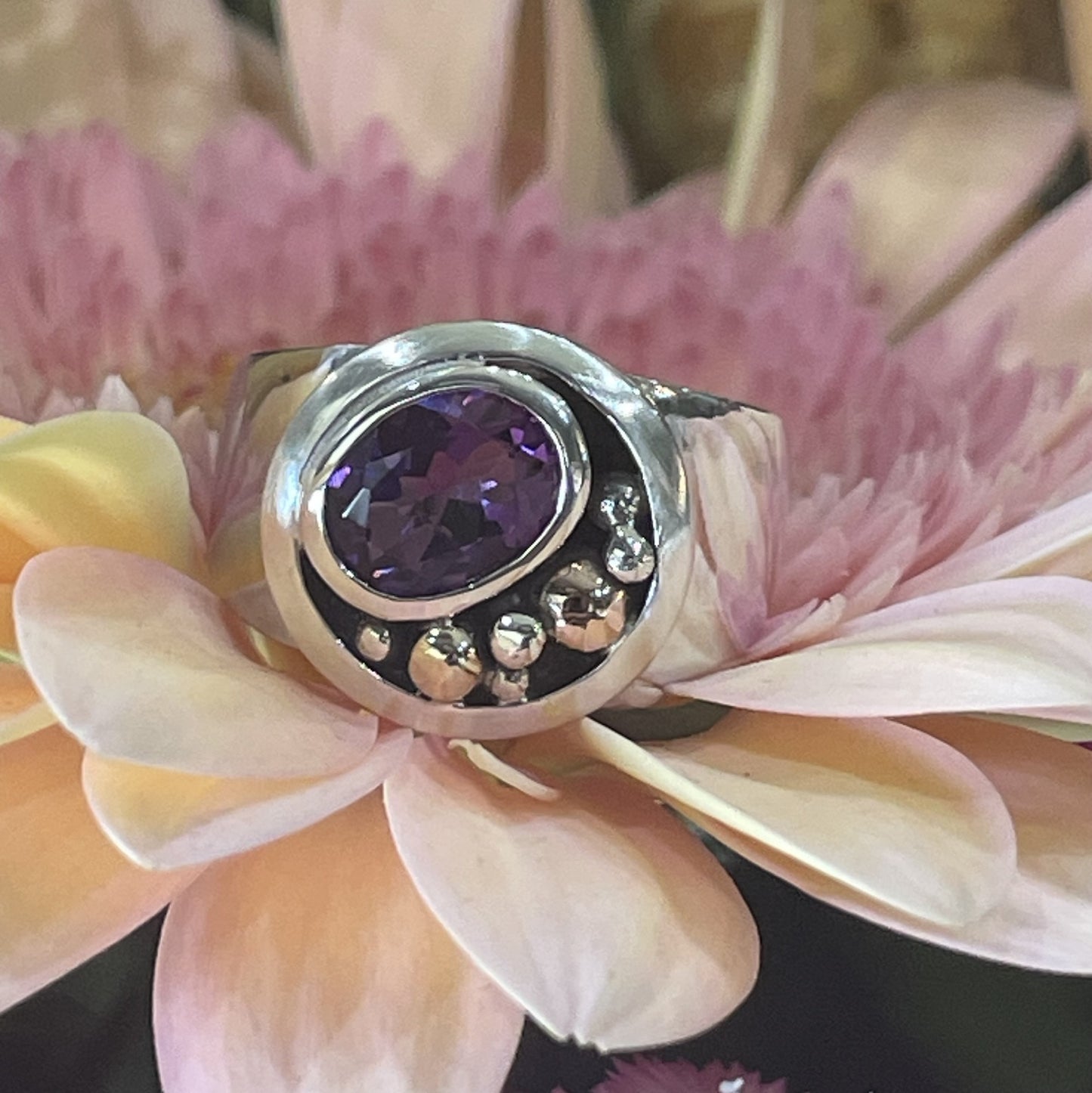 Sterling Silver Disc and 9ct Rose Gold Amethyst Ring