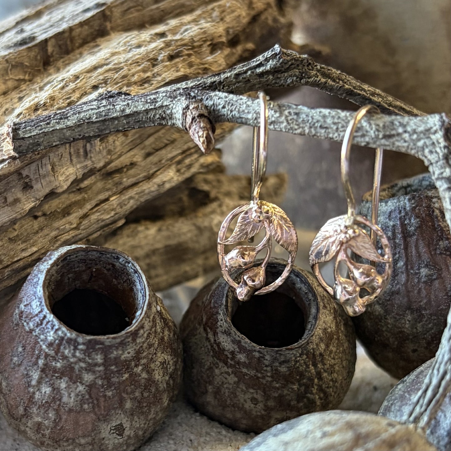 9ct Rose Gold Gumnut & Leaf Drop Earring