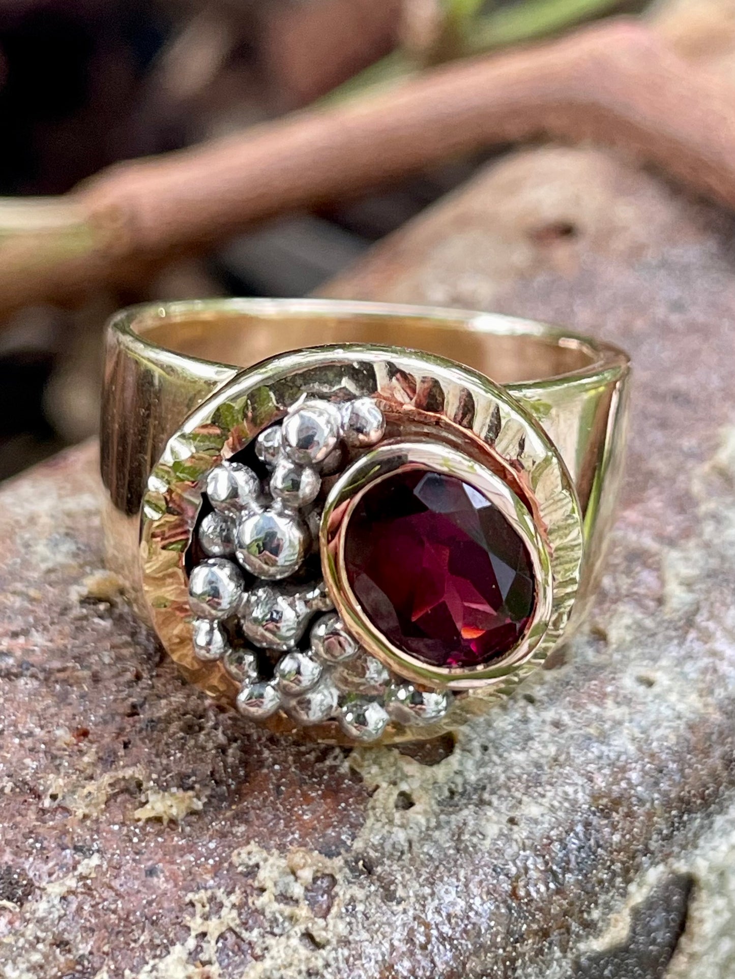 9ct Yellow, Rose and White Gold Rhodolite Garnet Ball Ring