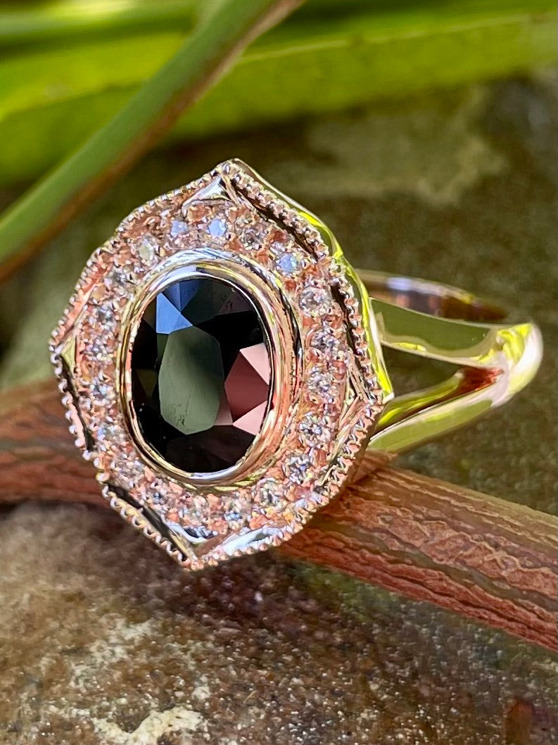 9ct Rose Gold Black Sapphire and Diamond Ring