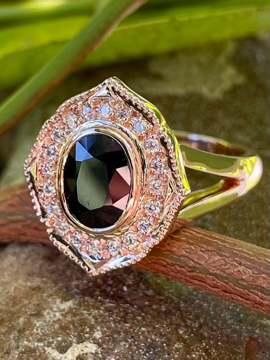 9ct Rose Gold Black Sapphire and Diamond Ring