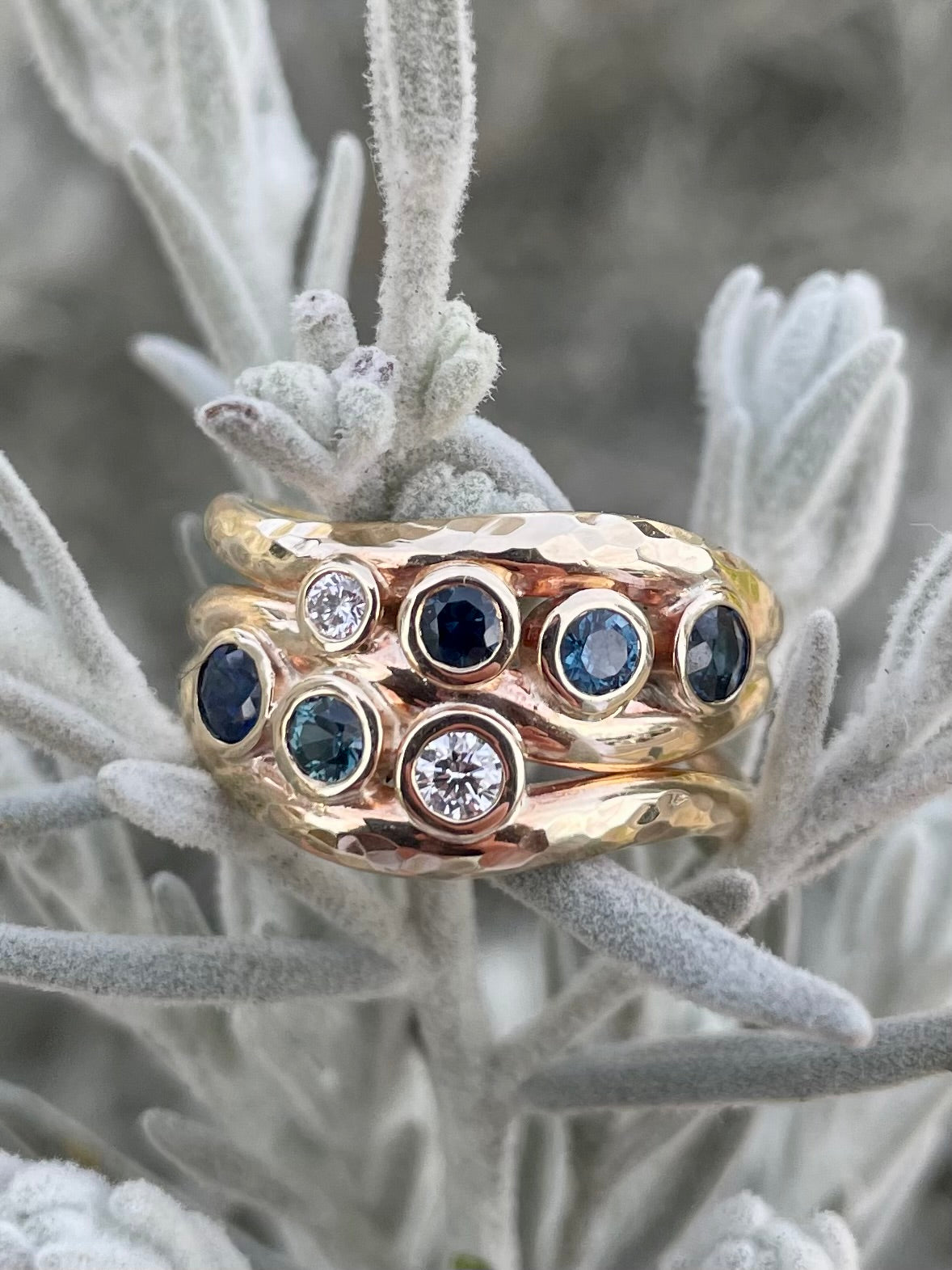 9ct Yellow Gold, Sapphire & Diamond Wave Ring