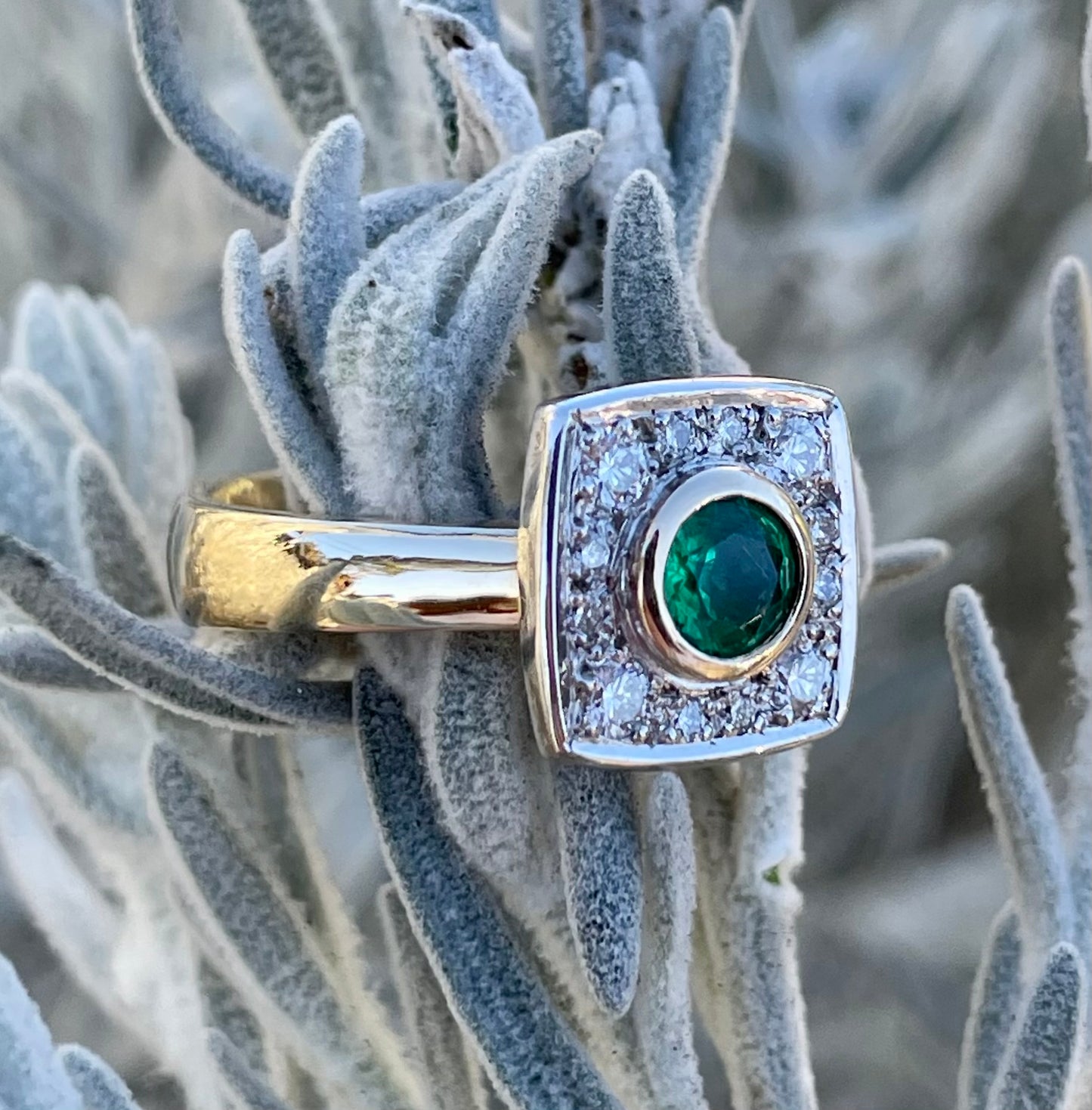 9ct Yellow & White Gold Emerald & Diamond Ring