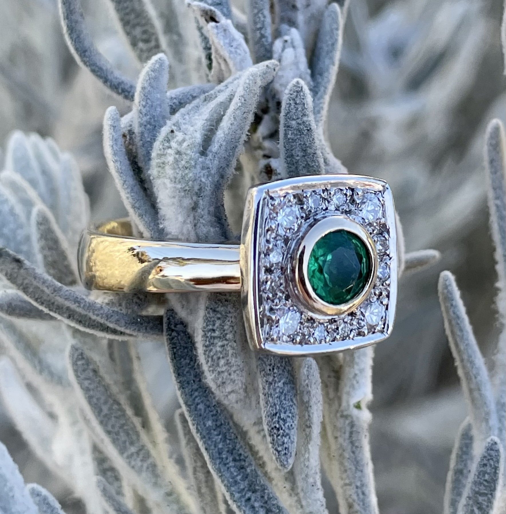 9ct Yellow & White Gold Emerald & Diamond Ring