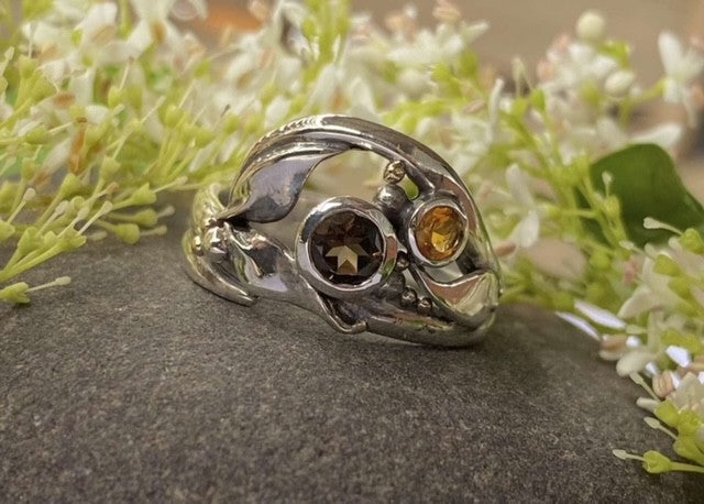 Sterling Silver Smokey Quartz and Citrine Split Band Leaf Ring