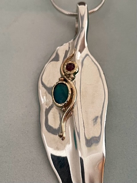 Sterling silver and 9ct Yellow gold, Opal and Pink Tourmaline Gumleaf pendant