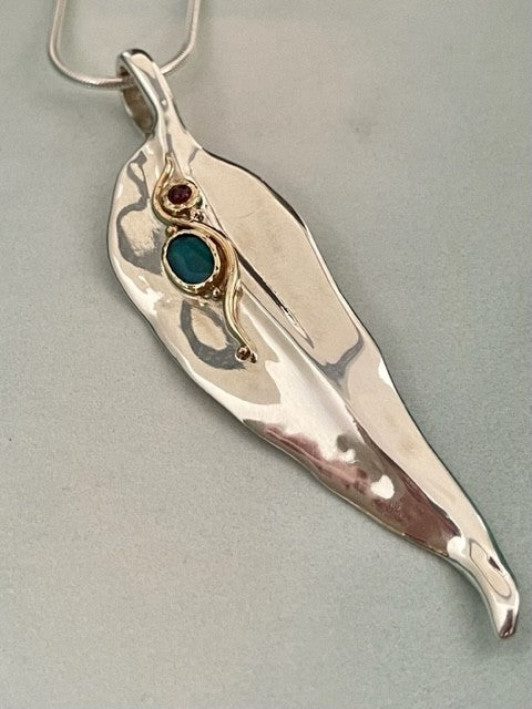 Sterling silver and 9ct Yellow gold, Opal and Pink Tourmaline Gumleaf pendant