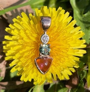 9ct Rose Gold Pink Tourmaline, Green Sapphire and Diamond Pendant