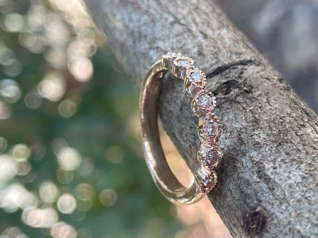 9ct Rose gold seven diamond carved wedder - round/marquise