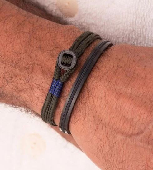 Don Dino Mens Steel & Rope Bracelet - Army Black