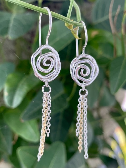 Sterling Silver and 9ct YG Swirl Chain Earrings