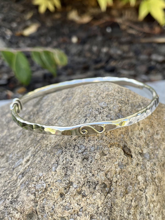 Sterling Silver and 9ct Yellow Gold Beaten Deco Bangle