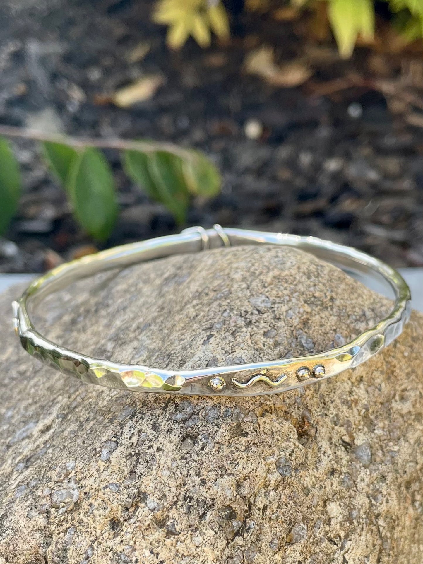 Sterling Silver and 9ct Yellow Gold Beaten Deco Bangle