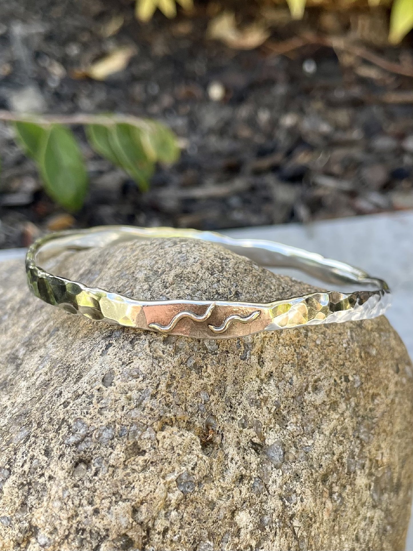 Sterling Silver and 9ct Yellow Gold Beaten Deco Bangle