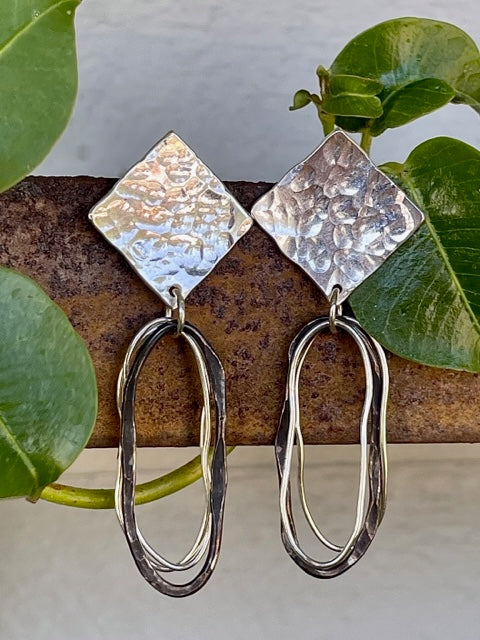 Sterling Silver beaten diamond shape studs with organic rings