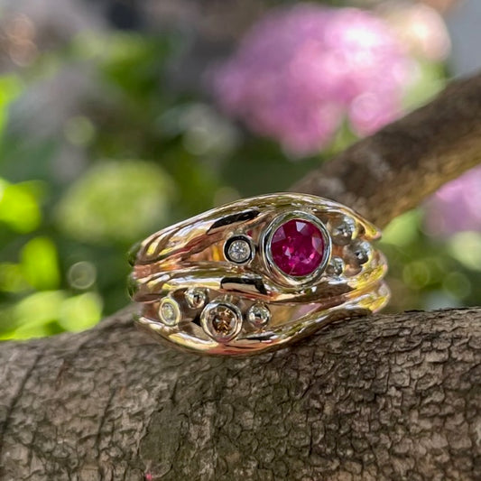 9ct Rose gold, Ruby, Australian Chocolate and white diamond wave ring