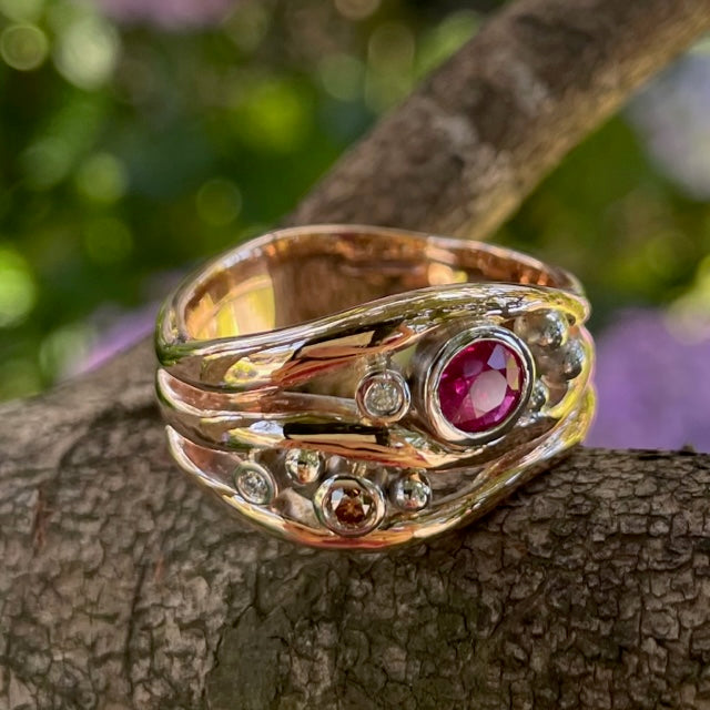 9ct Rose gold, Ruby, Australian Chocolate and white diamond wave ring