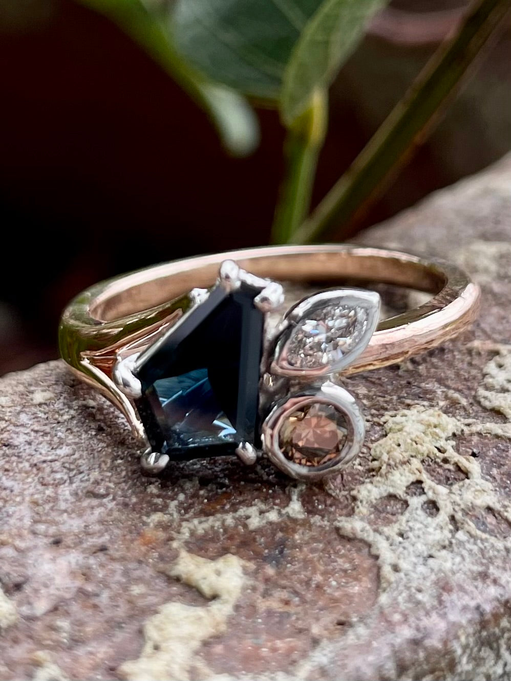 9ct Rose/White Gold Kite Sapphire & Diamond Ring