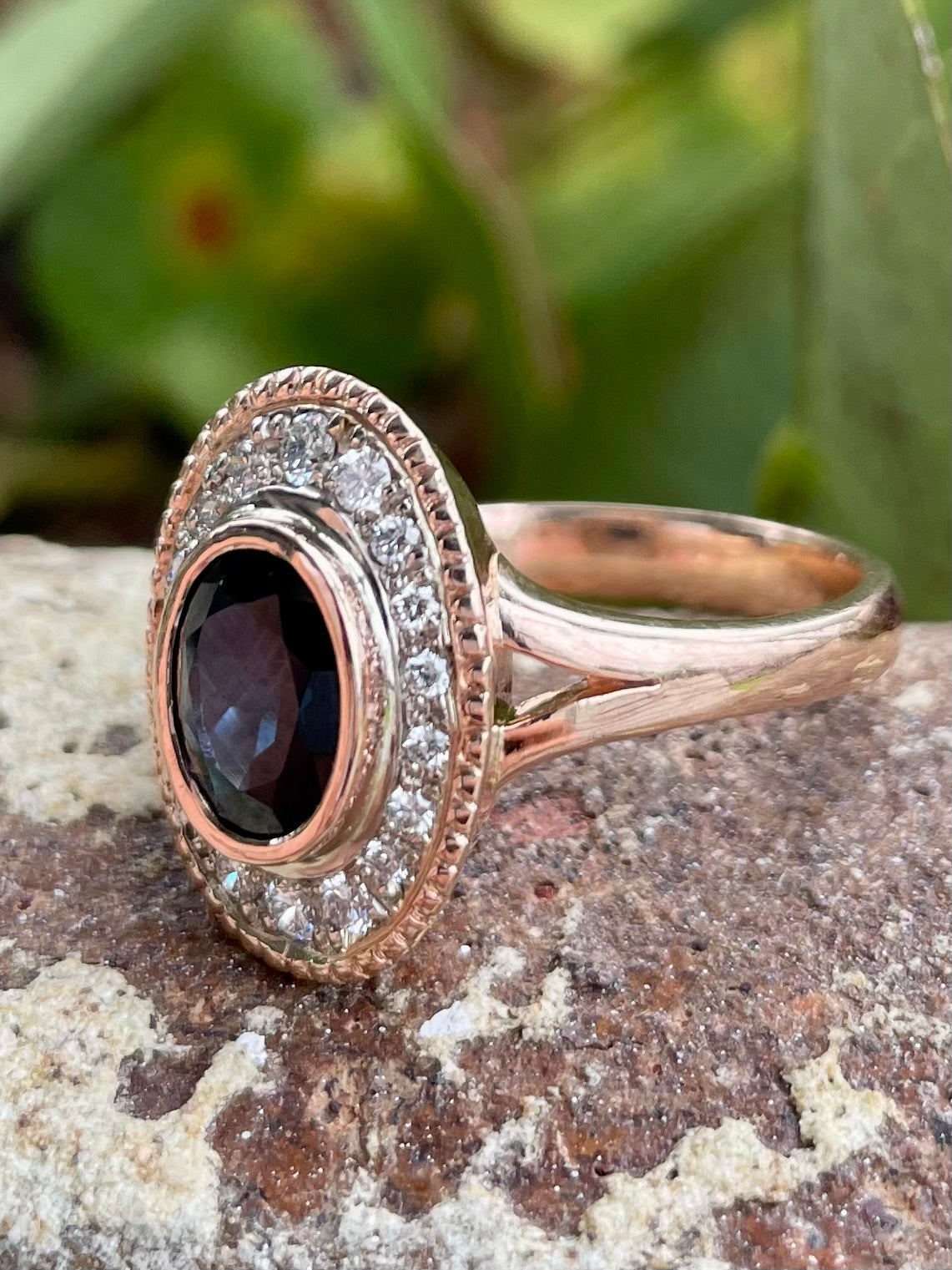 9ct Rose/White Gold Australian Sapphire & Diamond 'Halo' Ring