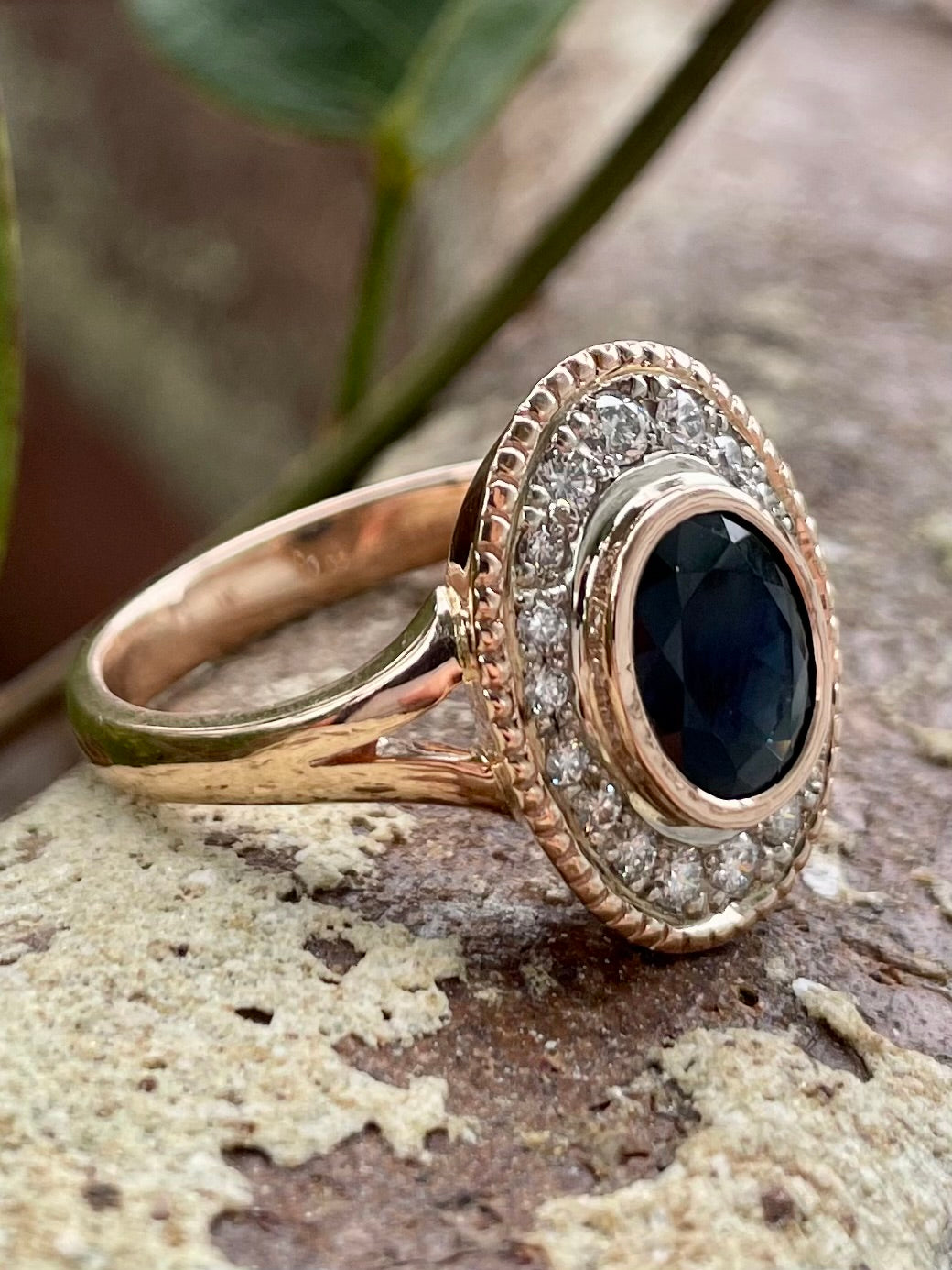 9ct Rose/White Gold Australian Sapphire & Diamond 'Halo' Ring