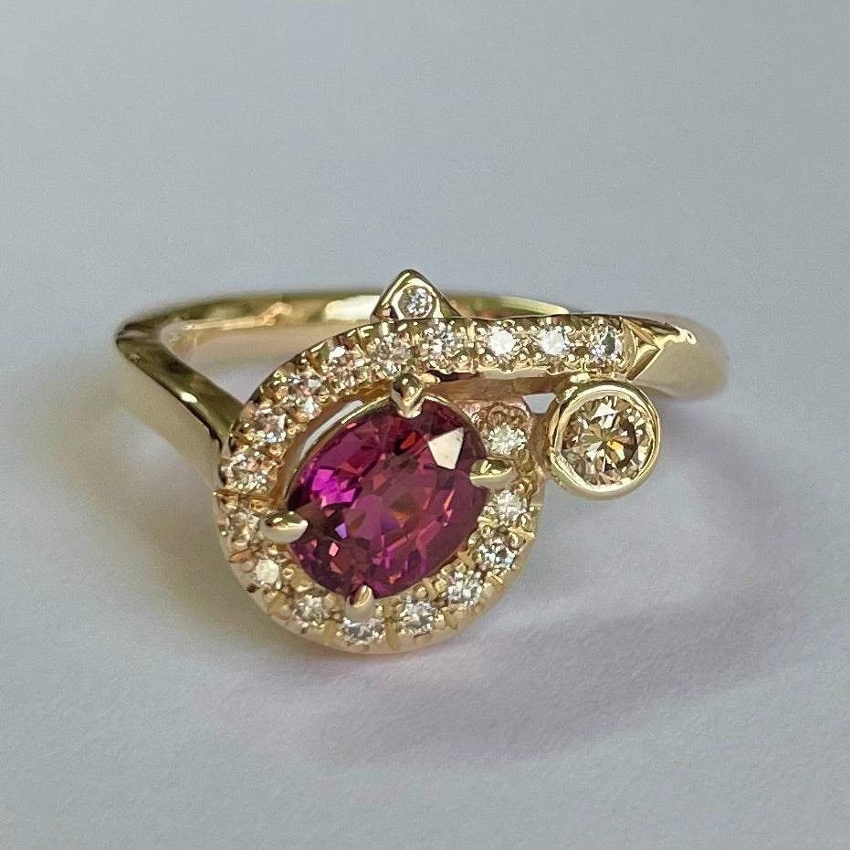 9ct Yellow Gold Pink Tourmaline, Diamond & Champagne Diamond Ring