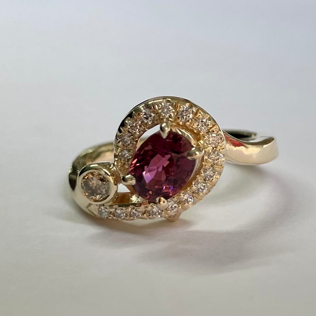 9ct Yellow Gold Pink Tourmaline, Diamond & Champagne Diamond Ring