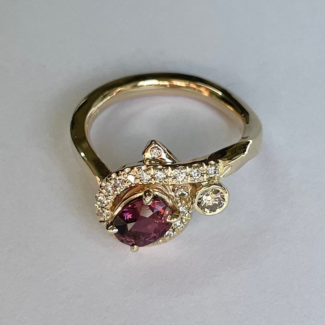 9ct Yellow Gold Pink Tourmaline, Diamond & Champagne Diamond Ring