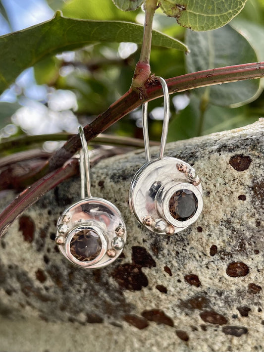 Sterling Silver & 9ct Rose Gold Smokey Quartz Circle Drop Earrings