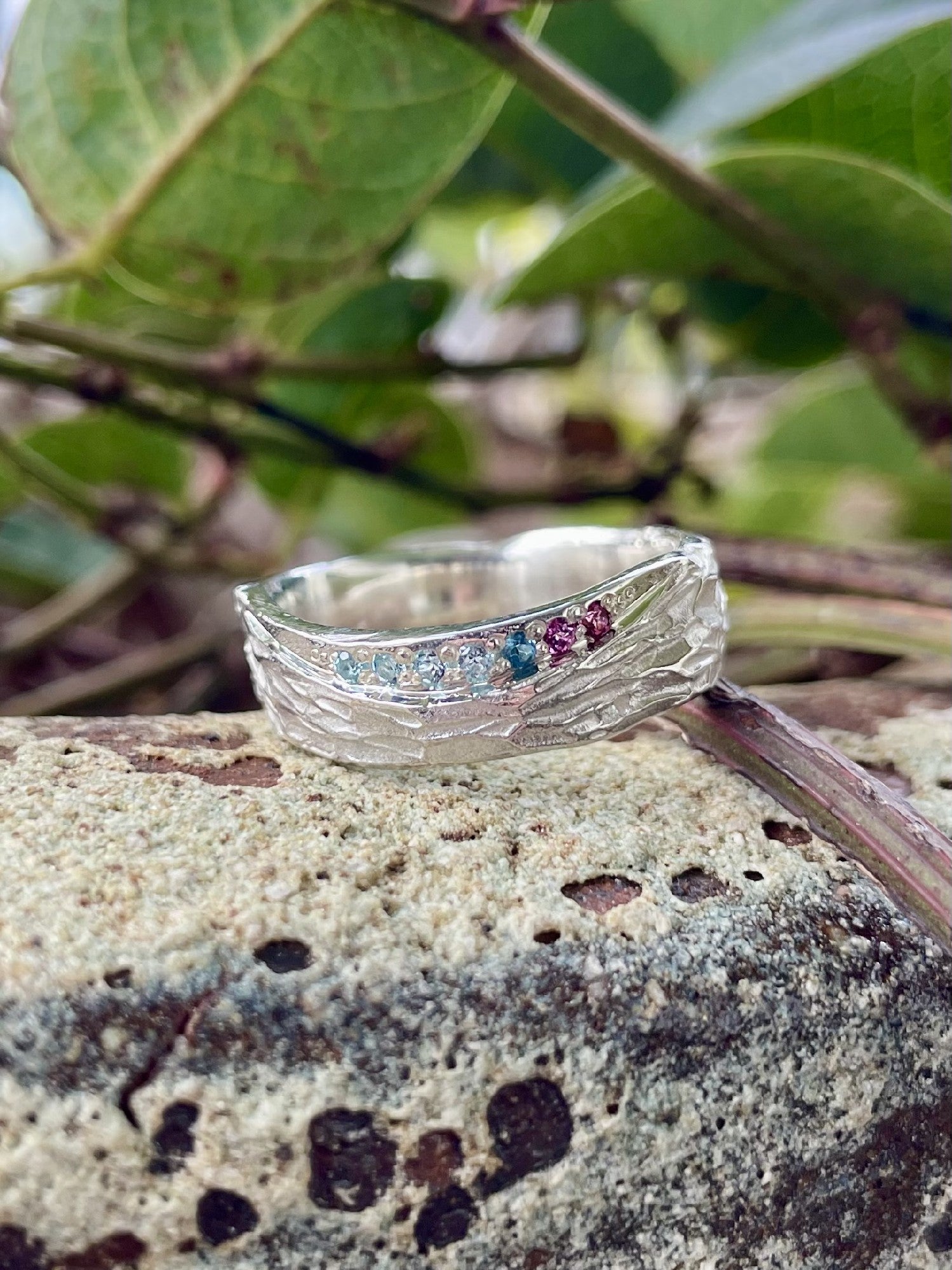 Sterling Silver Blue Topaz & Rhodolite Garnet Molten Ring 