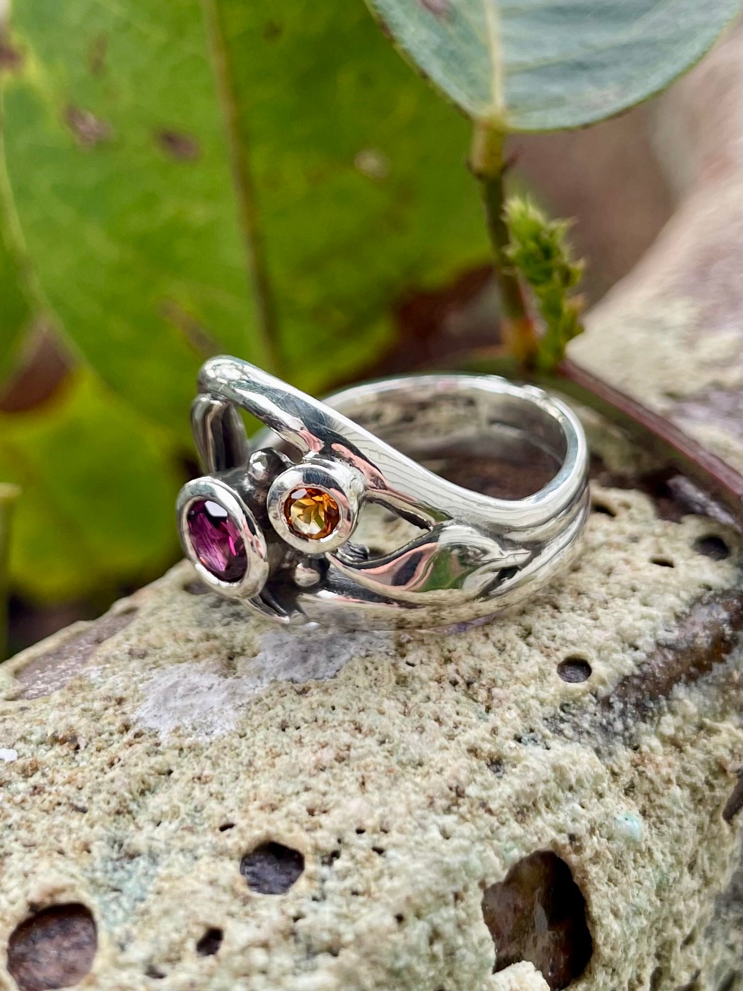Sterling Silver Rhodolite Garnet & Citrine Leaf Ring