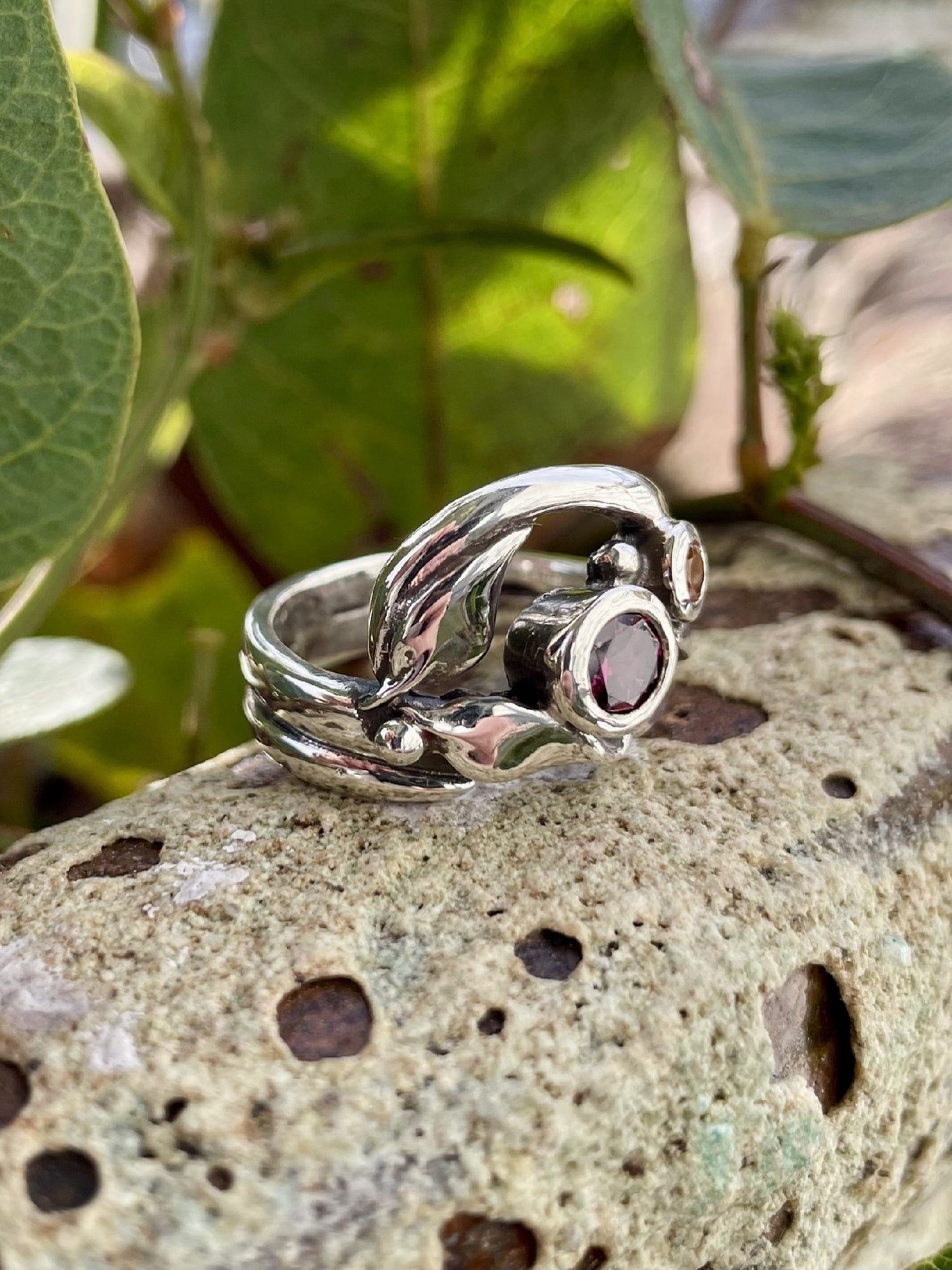 Sterling Silver Rhodolite Garnet & Citrine Leaf Ring
