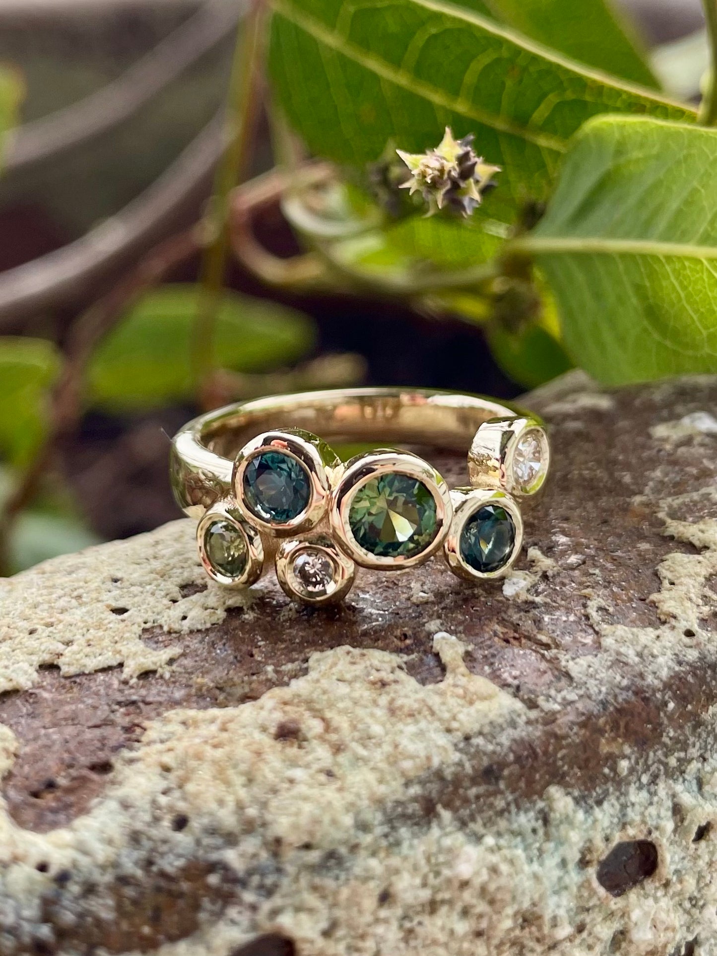 9ct Yellow Gold Green Teal Sapphire & Diamond 'Scatter' Ring