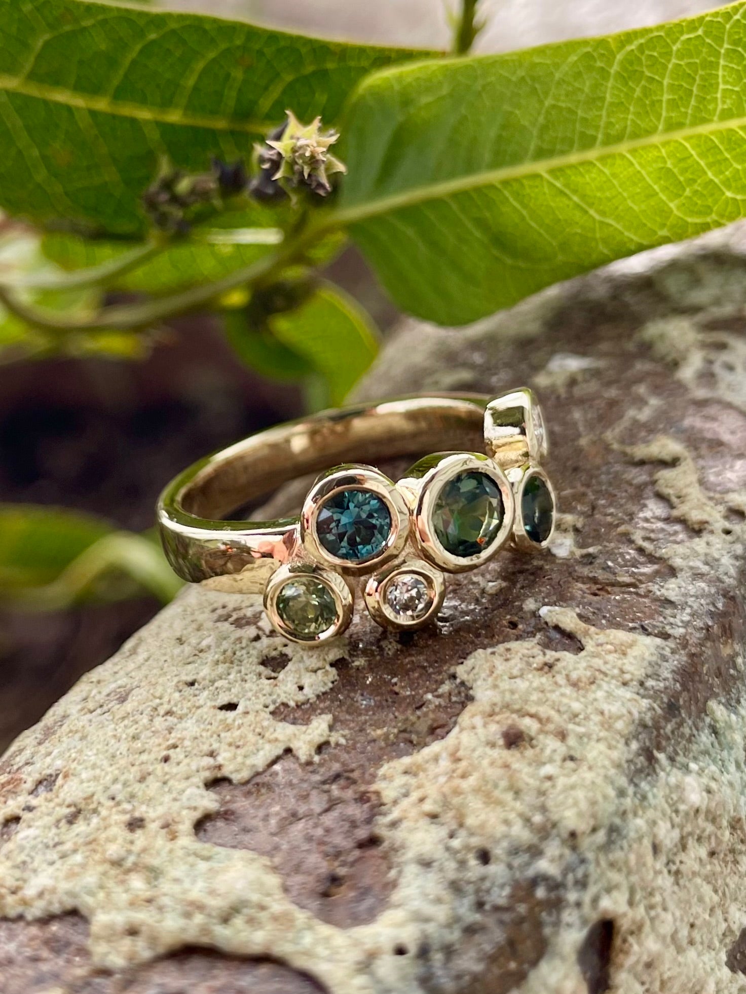 9ct Yellow Gold Green Teal Sapphire & Diamond 'Scatter' Ring