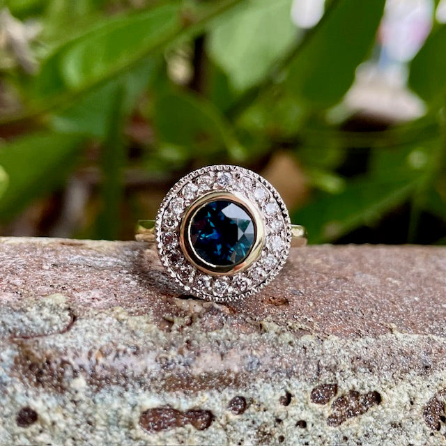 9ct Two tone Blue Sapphire and diamond halo ring