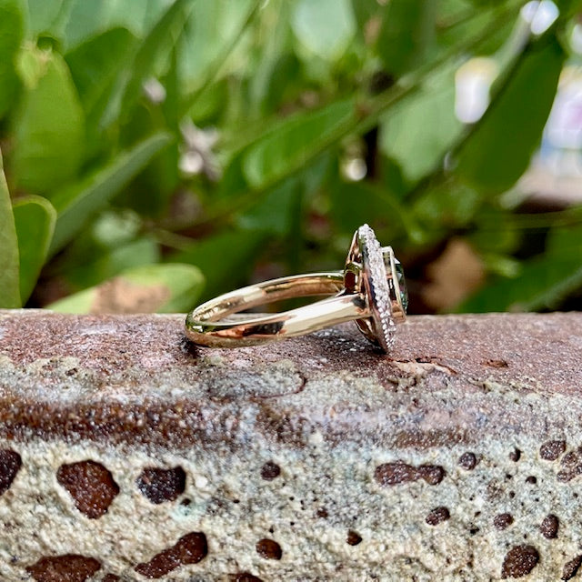 9ct Two tone Blue Sapphire and diamond halo ring