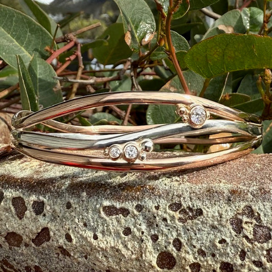 Sterling Silver and 9ct Rose Gold Diamond Set Bangle