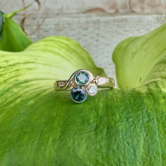9ct Yellow and white gold Sapphire and diamond sandcast ring