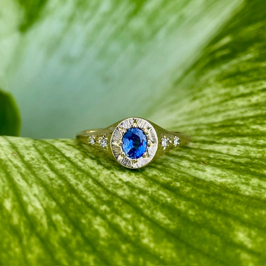 9ct Yellow Gold Ceylon Sapphire & Diamond Signet Ring 