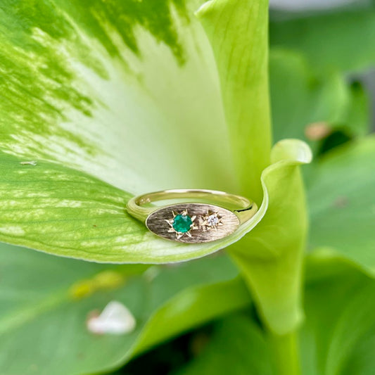 9ct Yellow Gold Emerald and Diamond Signet Ring