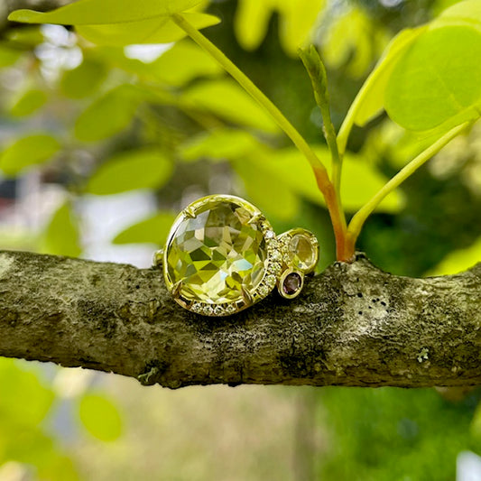 9ct Yellow Gold, Lemon Quartz, Amethest & Diamond Ring