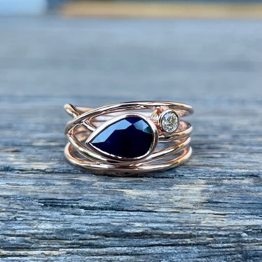 9ct Rose Gold Sapphire and Diamond wavy band ring 