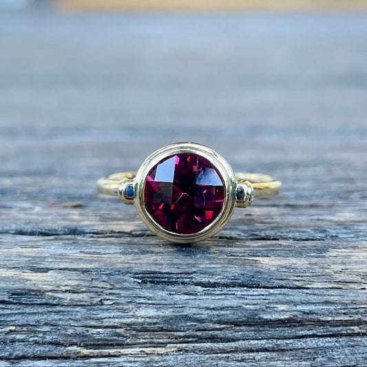 9ct Yellow Gold Rhodalite Garnet and Diamond Ring