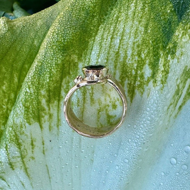 9ct Yellow gold, Green Sapphire and diamond molten style ring 