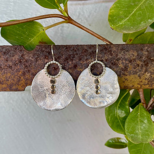 Reticulated Sterling Silver disk Earrings with 9ct Yellow gold accents 