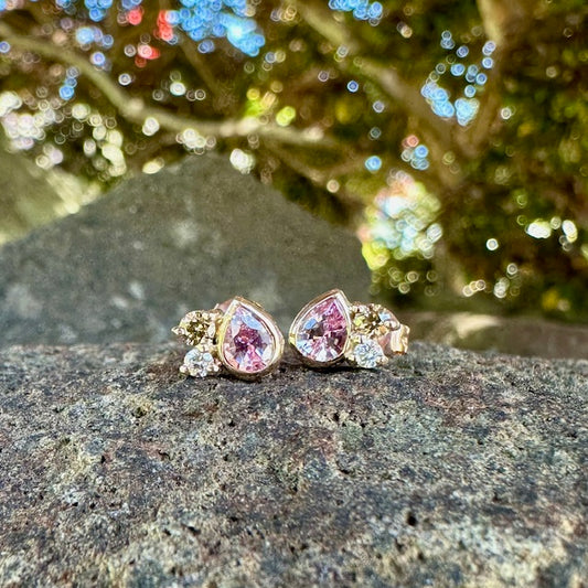 9ct Rose gold, Pink Sapphire, Australian Chocolate diamond and white diamond stud earrings