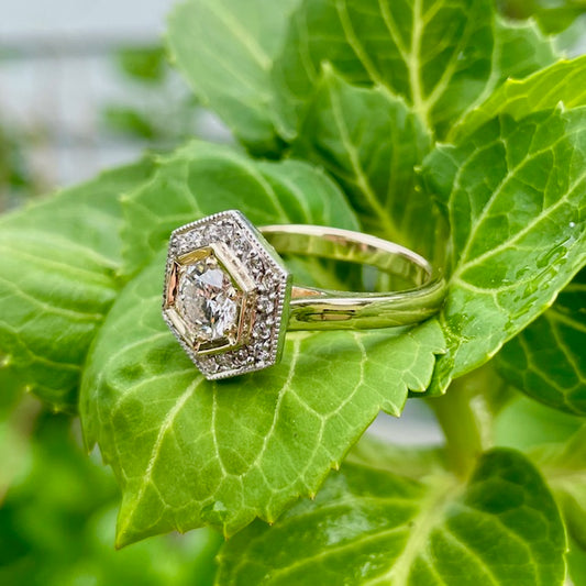 9ct Yellow and White gold Lab diamond Hexagon shape halo ring 