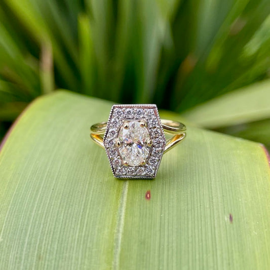 18ct Yellow and White gold claw set oval Lab grown Diamond hexagon shape halo 