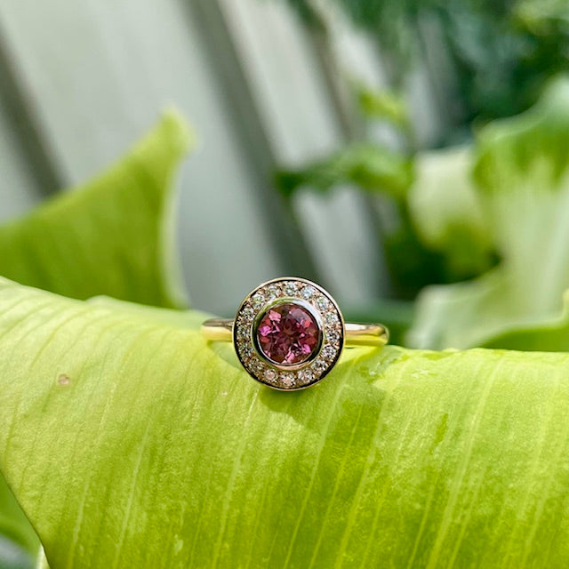 9CT Rose and White gold Pink Tourmaline and Diamond halo ring